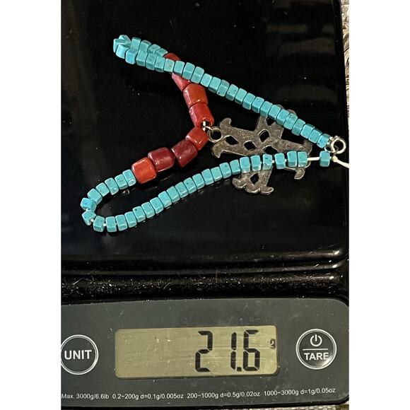 VTG Native American Turquoise & Red Coral Cross Necklace Sterling Silver Pendant - Picture 13 of 15